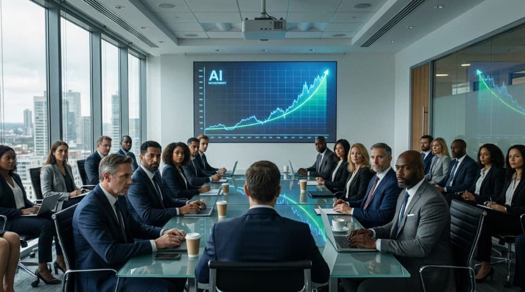 Boardroom meeting with executives viewing a rising AI investment chart on a large screen
