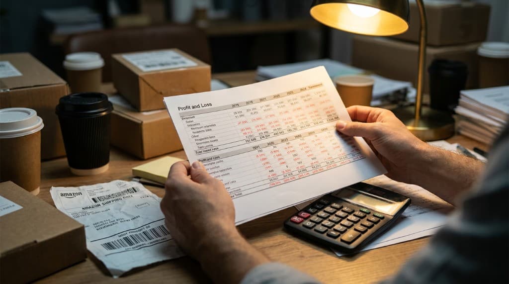 Seller reviewing a profit and loss statement at a desk with Amazon shipping labels and boxes