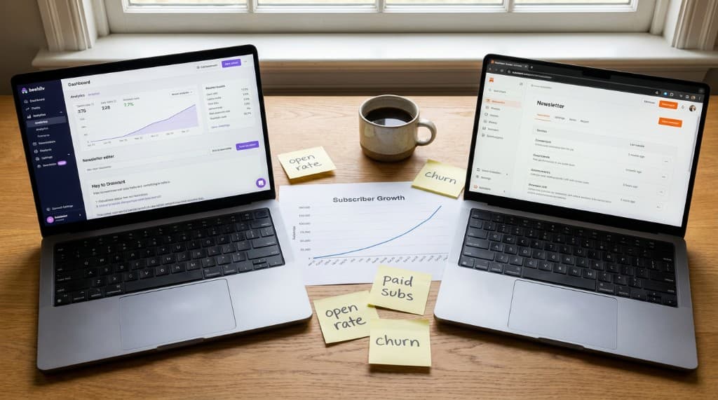 Two laptops side by side showing Beehiiv and Substack dashboards with subscriber growth notes on a desk
