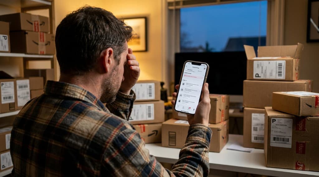 Stressed seller surrounded by shipping boxes while checking the TikTok Shop app on a phone