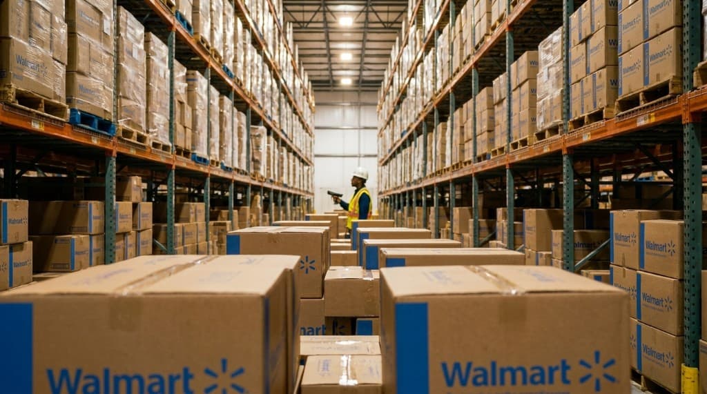 Warehouse aisle with Walmart shipping boxes and a worker in a safety vest