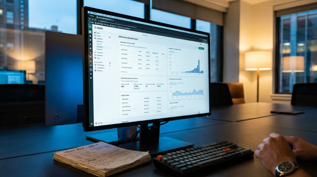 Shopify B2B wholesale dashboard on a monitor in a dim office with enterprise account metrics