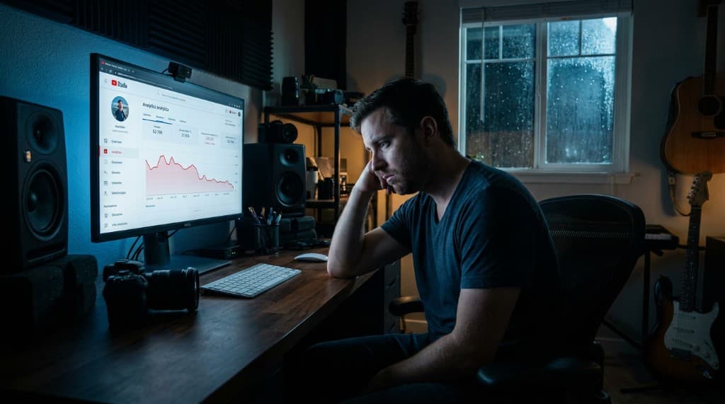 Creator in a home studio reviewing a declining YouTube analytics graph on a monitor