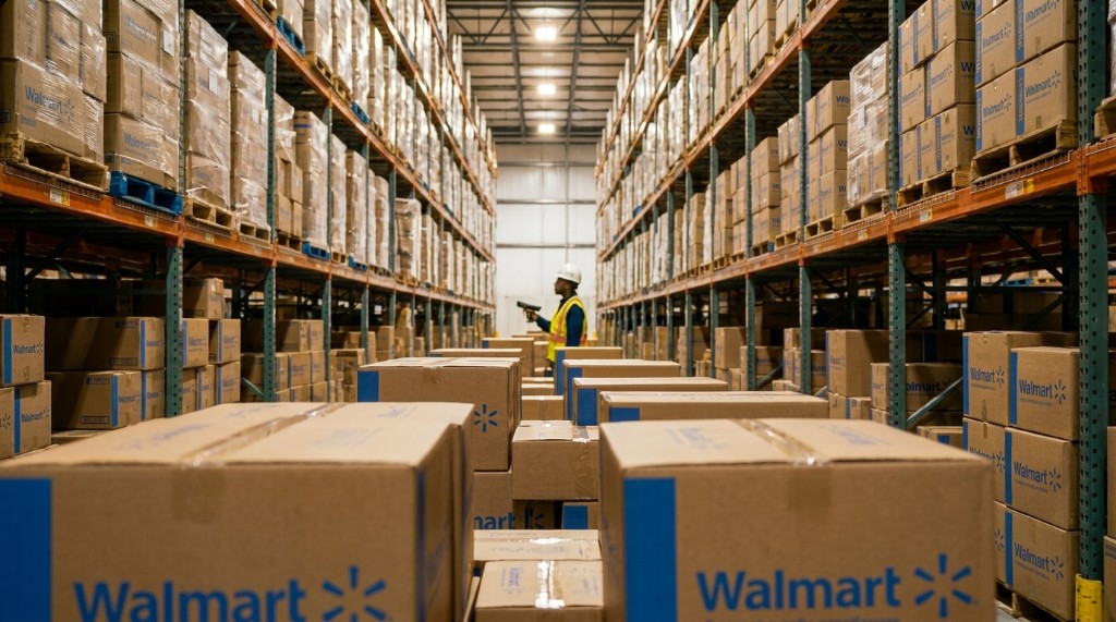 Warehouse aisle with Walmart shipping boxes and a worker in a safety vest